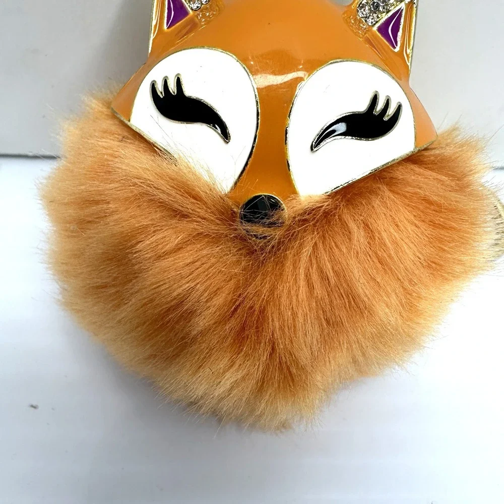 Fox Keychain Pom Pom Faux Fur Orange Rhinestones Gold Tone Bag Charm Cute